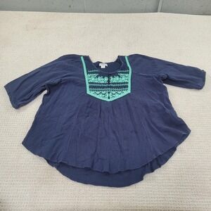 Hannah‎ Woman Shirt Womens 3X Blue Embroidered Boho Peasant Tunic Gauze Cotton